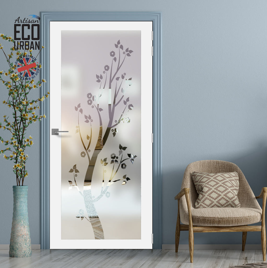 Artisan Solid Wood Internal Door - Blooming Tree 6mm Obscure Glass - Clear Printed Design - Eco-Urban® 6 Premium Primed Colour Choices