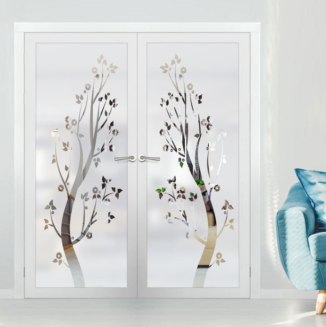 interior doors featuring frosted glass panels with a decorative tree design