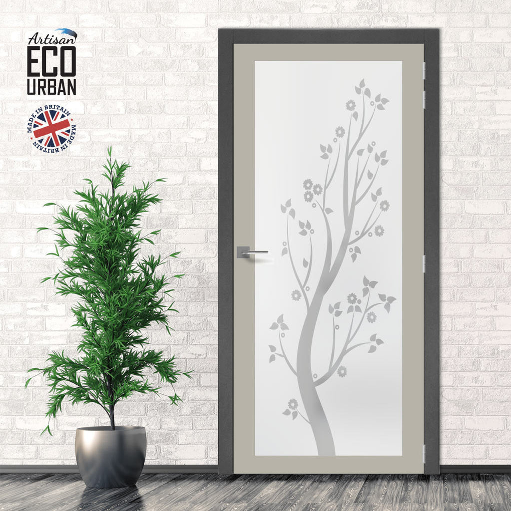Artisan Solid Wood Internal Door - Blooming Tree 6mm Obscure Glass - Obscure Printed Design - Eco-Urban® 6 Premium Primed Colour Choices