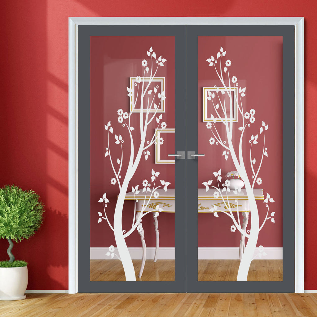 Artisan Solid Wood Internal Door Pair - Blooming Tree 6mm Clear Glass - Obscure Printed Design - Eco-Urban® 6 Premium Primed Colour Choices