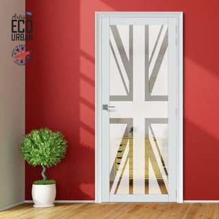Image: Artisan Solid Wood Internal Door - Union Jack Flag 6mm Obscure Glass - Clear Printed Design - Eco-Urban® 6 Premium Primed Colour Choices