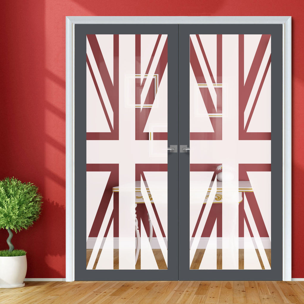 Artisan Solid Wood Internal Door Pair - Union Jack Flag 6mm Obscure Glass - Clear Printed Design - Eco-Urban® 6 Premium Primed Colour Choices