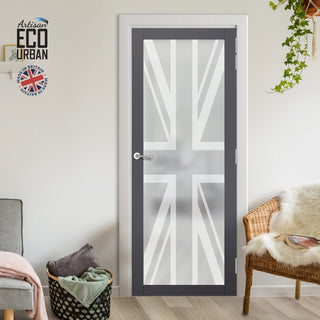 Image: Artisan Solid Wood Internal Door - Union Jack Flag 6mm Obscure Glass - Obscure Printed Design - Eco-Urban® 6 Premium Primed Colour Choices