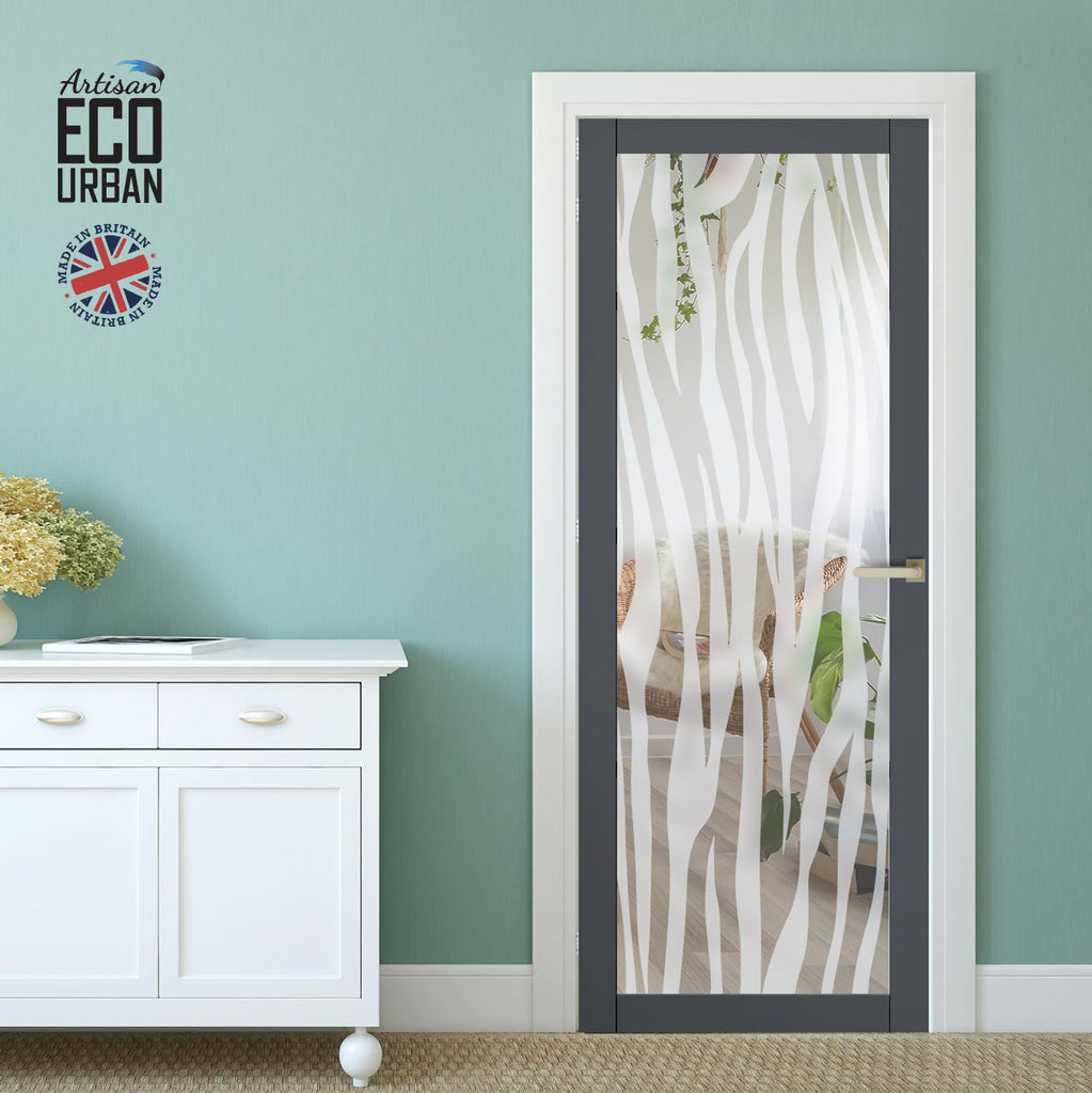 Artisan Solid Wood Internal Door - Zebra Animal Print 6mm Clear Glass - Obscure Printed Design - Eco-Urban® 6 Premium Primed Colour Choices