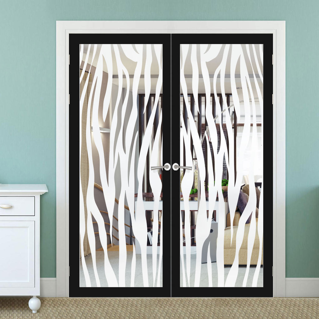 Artisan Solid Wood Internal Door Pair - Zebra Animal Print 6mm Clear Glass - Obscure Printed Design - Eco-Urban® 6 Premium Primed Colour Choices