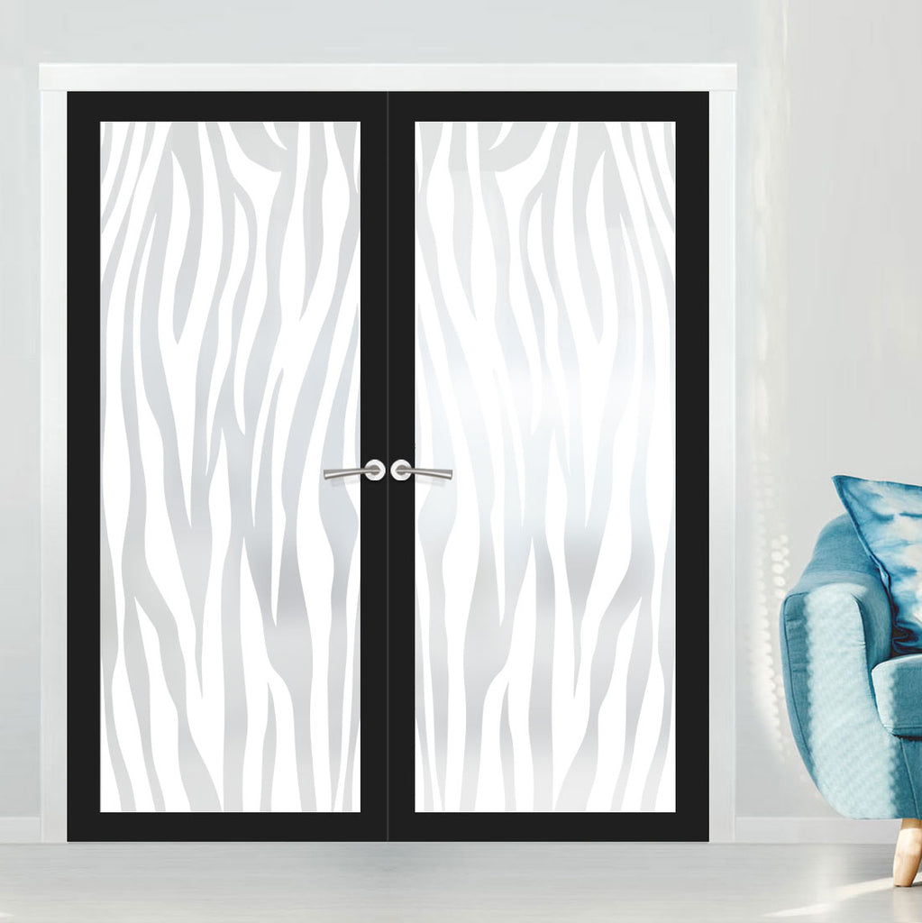 Artisan Solid Wood Internal Door Pair - Zebra Animal Print 6mm Obscure Glass - Obscure Printed Design - Eco-Urban® 6 Premium Primed Colour Choices