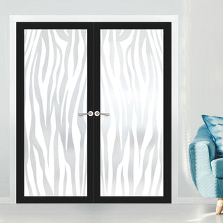 Image: Artisan Solid Wood Internal Door Pair - Zebra Animal Print 6mm Obscure Glass - Obscure Printed Design - Eco-Urban® 6 Premium Primed Colour Choices