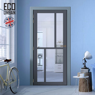 Image: Handmade Eco-Urban Hampton 4 Pane Solid Wood Internal Door UK Made DD6413G Clear Glass - Eco-Urban® Stormy Grey Premium Primed