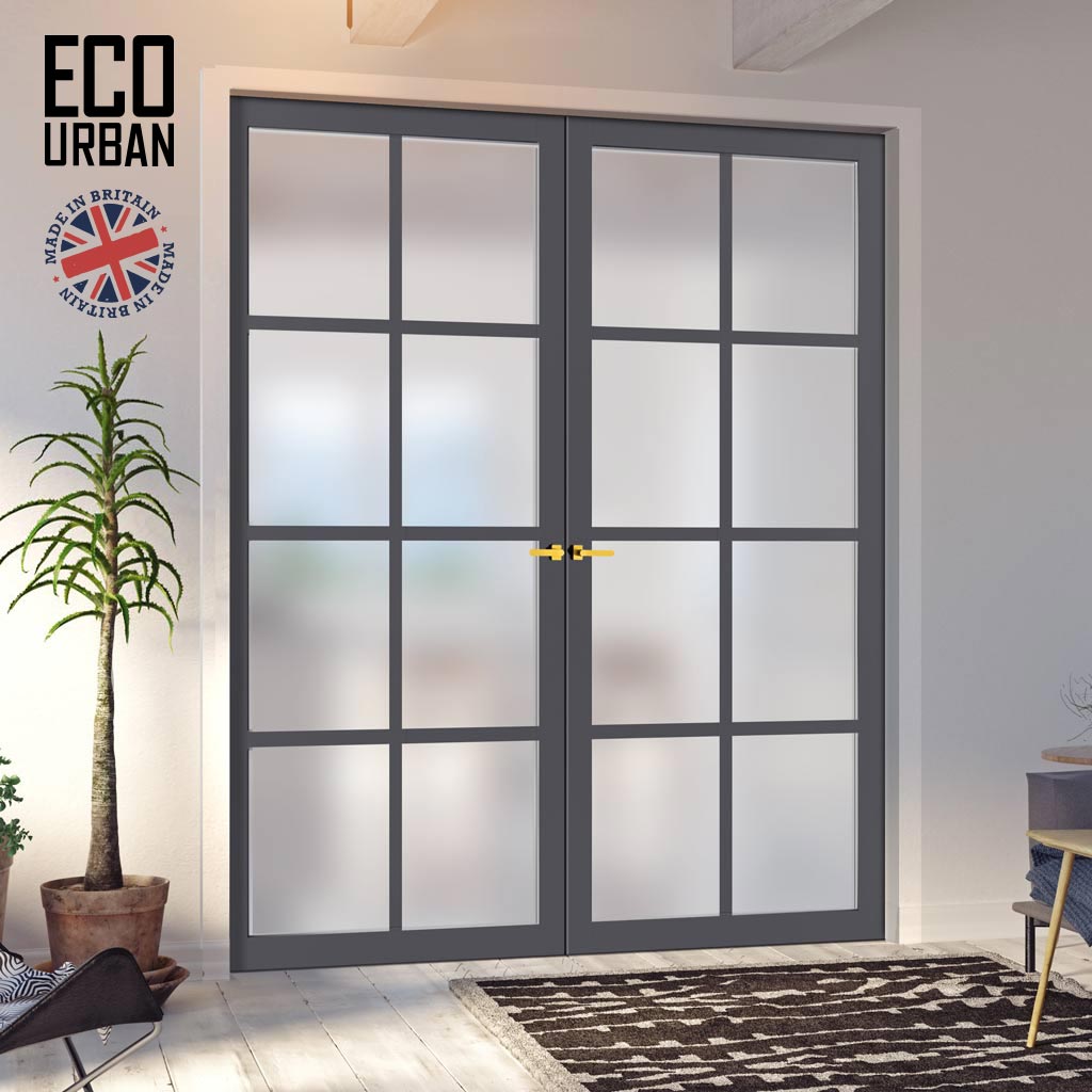 Eco-Urban Perth 8 Pane Solid Wood Internal Door Pair UK Made DD6318SG - Frosted Glass - Eco-Urban® Stormy Grey Premium Primed