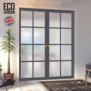 Image: Eco-Urban Perth 8 Pane Solid Wood Internal Door Pair UK Made DD6318SG - Frosted Glass - Eco-Urban® Stormy Grey Premium Primed