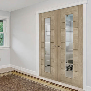 Image: Edmonton Light Grey Internal Door Pair - Clear Glass with Frosted Lines - Prefinished