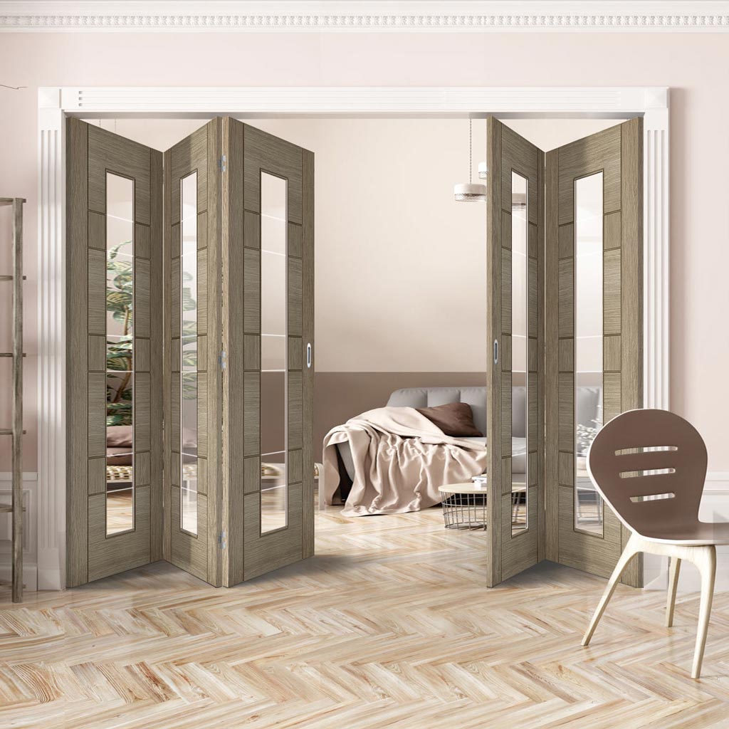 Five Folding Doors & Frame Kit - Edmonton Light Grey 3+2 - Clear Glass with Frosted Lines - Prefinished