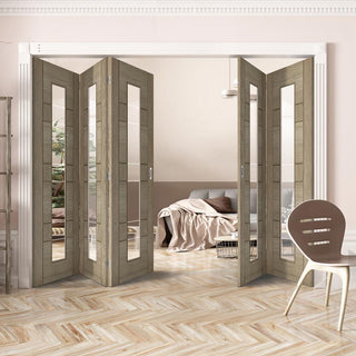 Image: Five Folding Doors & Frame Kit - Edmonton Light Grey 3+2 - Clear Glass with Frosted Lines - Prefinished