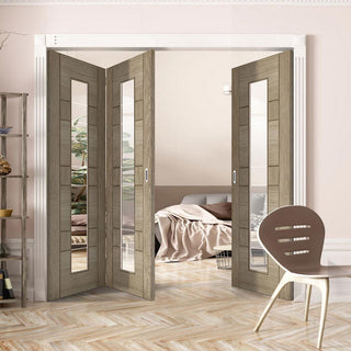 Image: Three Folding Doors & Frame Kit - Edmonton Light Grey 2+1 - Clear Glass with Frosted Lines - Prefinished