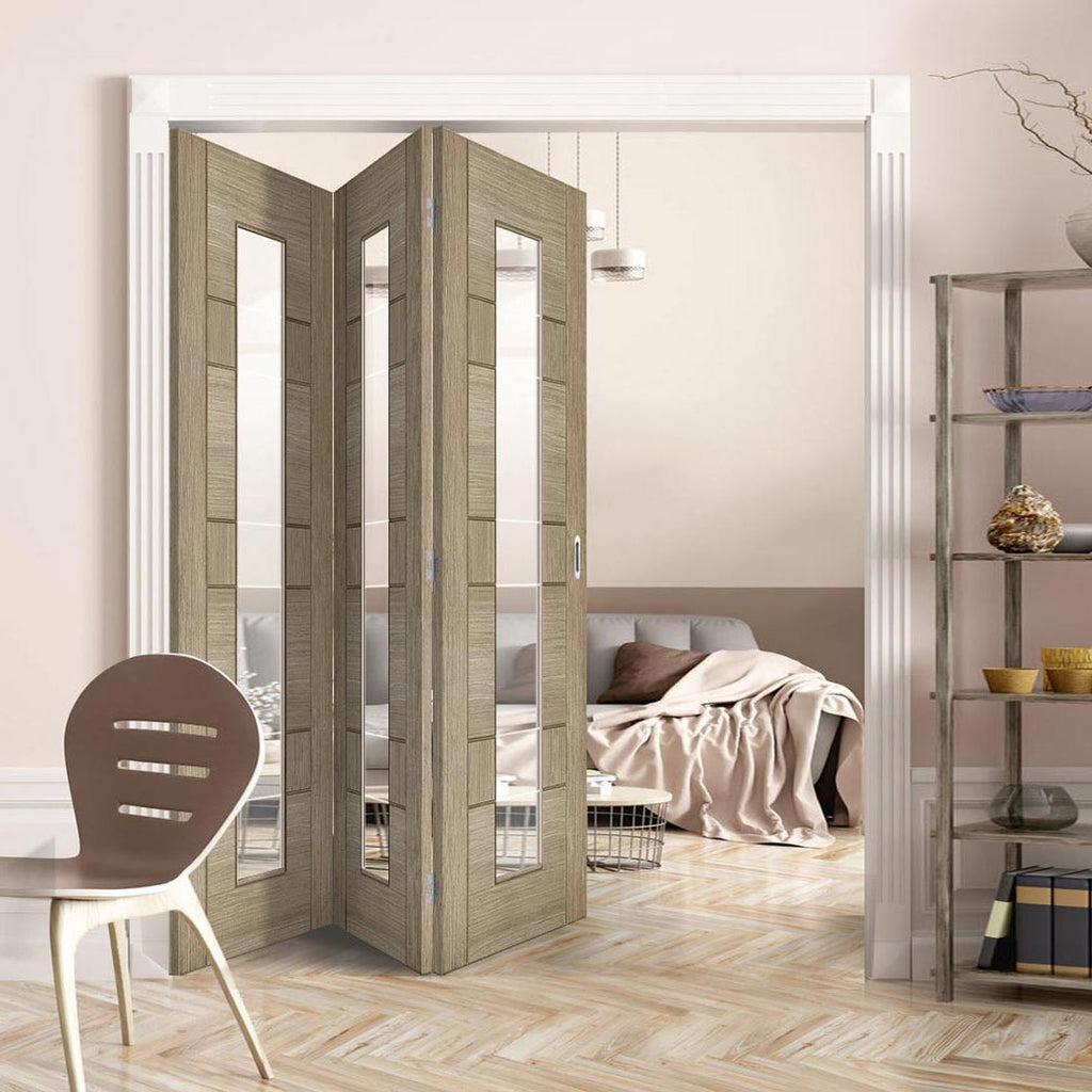 Three Folding Doors & Frame Kit - Edmonton Light Grey 3+0 - Clear Glass with Frosted Lines - Prefinished