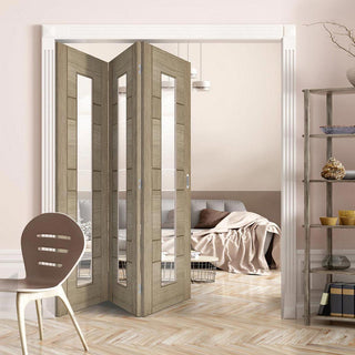 Image: Three Folding Doors & Frame Kit - Edmonton Light Grey 3+0 - Clear Glass with Frosted Lines - Prefinished