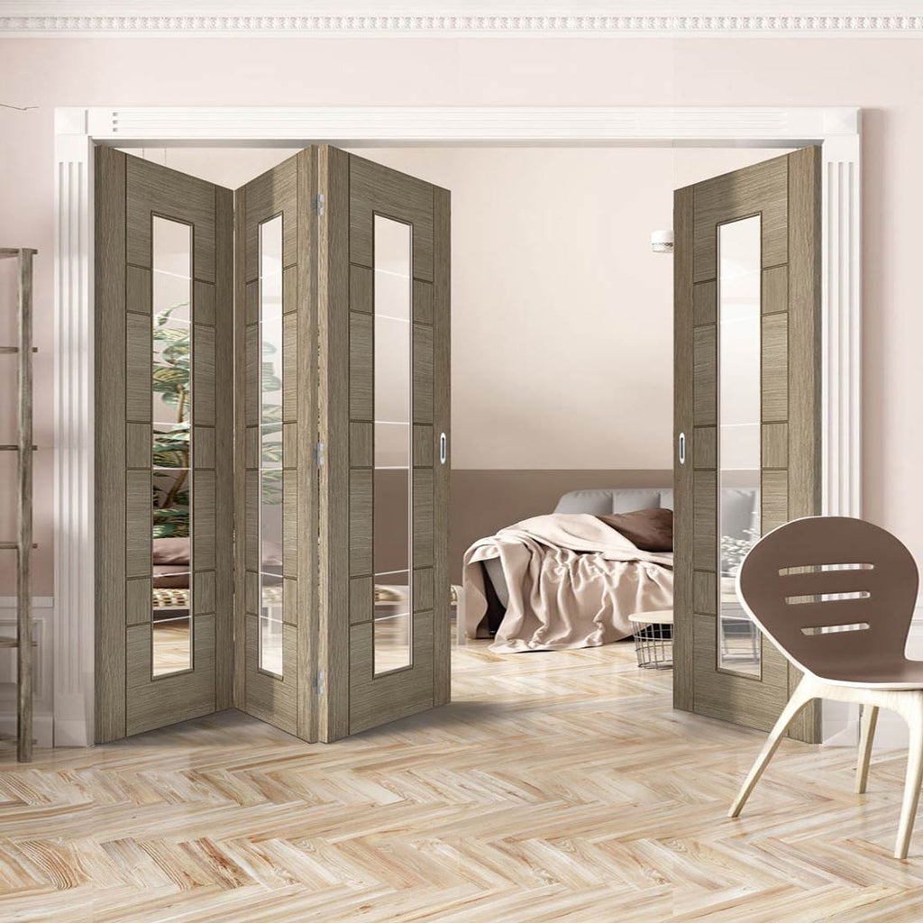 Four Folding Doors & Frame Kit - Edmonton Light Grey 3+1 - Clear Glass with Frosted Lines - Prefinished