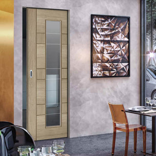 Image: Edmonton Light Grey Absolute Evokit Single Pocket Door - Clear Glass with Frosted Lines - Prefinished