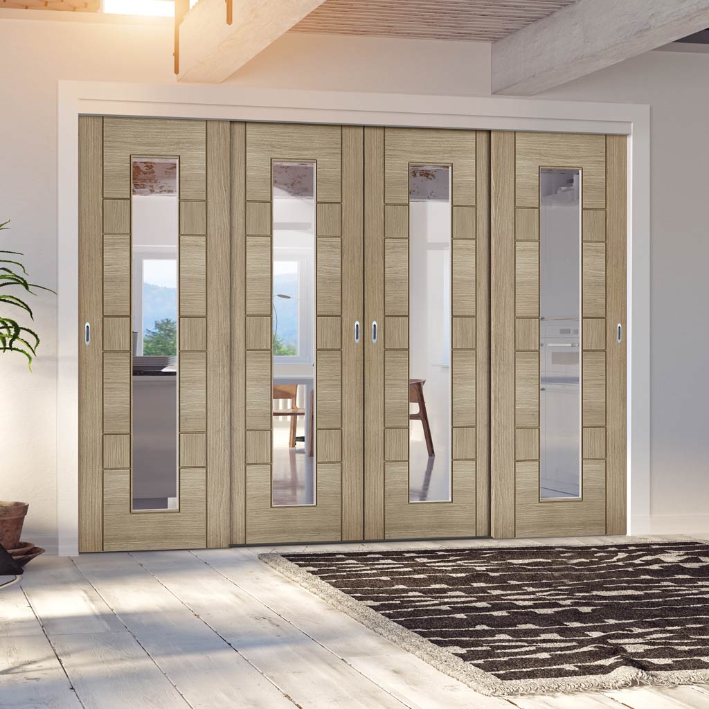 Pass-Easi Four Sliding Doors and Frame Kit - Edmonton Light Grey Door - Clear Glass with Frosted Lines - Prefinished