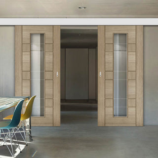 Image: Double Sliding Door & Wall Track - Edmonton Light Grey Door - Clear Glass with Frosted Lines - Prefinished