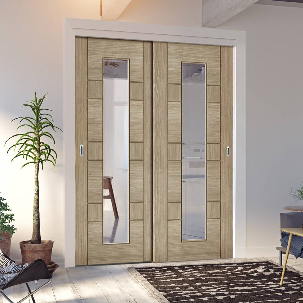 Pass-Easi Two Sliding Doors and Frame Kit - Edmonton Light Grey Door - Clear Glass with Frosted Lines - Prefinished