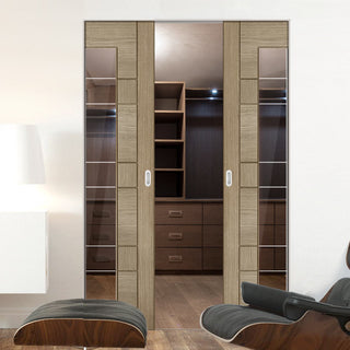 Image: Edmonton Light Grey Absolute Evokit Double Pocket Door - Clear Glass with Frosted Lines - Prefinished