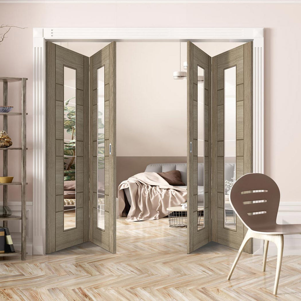 Four Folding Doors & Frame Kit - Edmonton Light Grey 2+2 - Clear Glass with Frosted Lines - Prefinished
