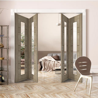 Image: Four Folding Doors & Frame Kit - Edmonton Light Grey 2+2 - Clear Glass with Frosted Lines - Prefinished