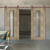 Double Sliding Door & Straight Antique Rust Track - Edmonton Light Grey Door - Clear Glass with Frosted Lines - Prefinished