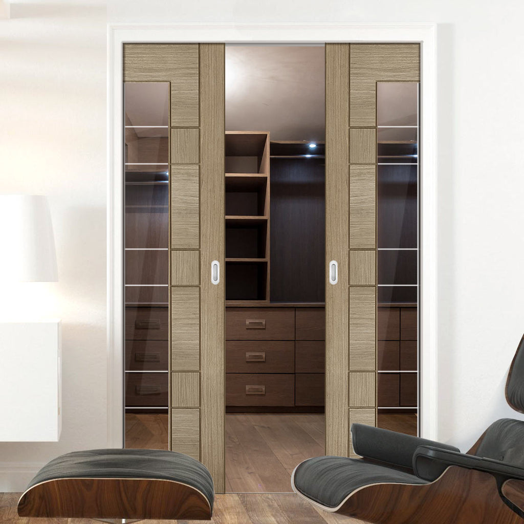 Edmonton Light Grey Double Evokit Pocket Doors - Clear Glass with Frosted Lines - Prefinished