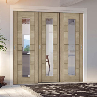 Image: Pass-Easi Three Sliding Doors and Frame Kit - Edmonton Light Grey Door - Clear Glass with Frosted Lines - Prefinished