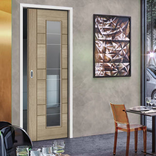 Image: Edmonton Light Grey Single Evokit Pocket Door - Clear Glass with Frosted Lines - Prefinished