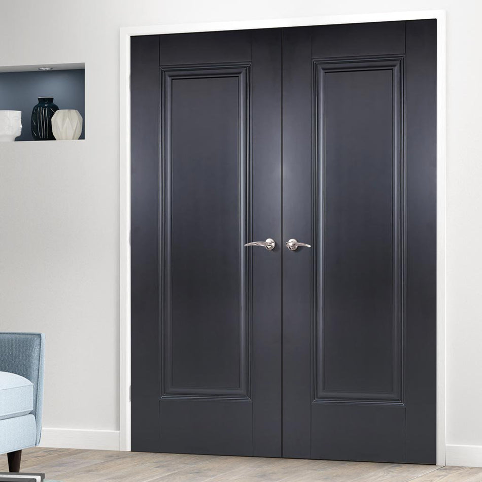 Eindhoven 1 Panel Black Primed Fire Door Pair - 1/2 Hour Fire Rated