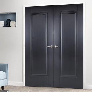 Image: Eindhoven 1 Panel Black Primed Fire Door Pair - 1/2 Hour Fire Rated