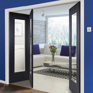 Image: Three Folding Doors & Frame Kit - Eindhoven Black Primed 2+1 - Clear Glass - Unfinished
