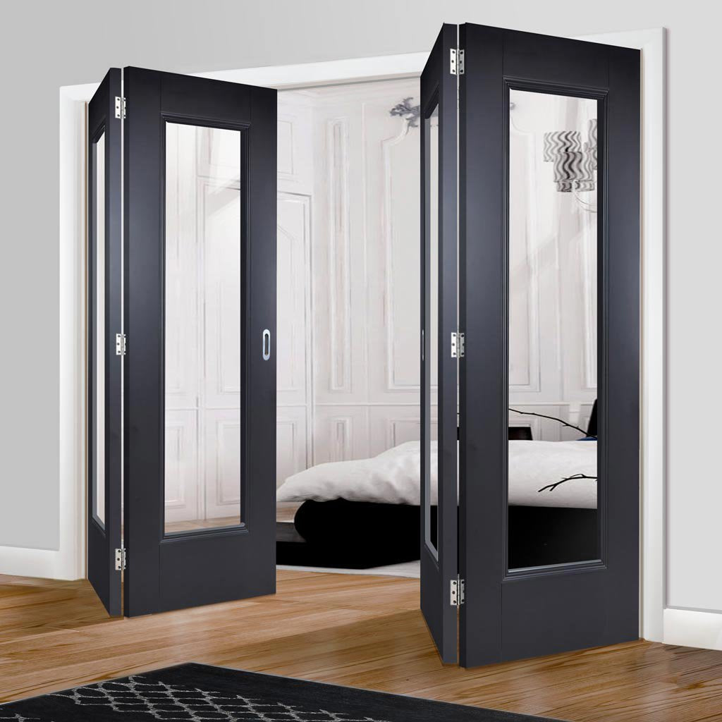 Four Folding Doors & Frame Kit - Eindhoven Black Primed 2+2 - Clear Glass - Unfinished