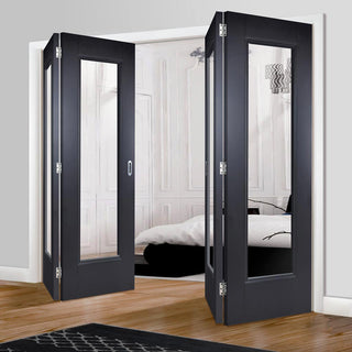 Image: Four Folding Doors & Frame Kit - Eindhoven Black Primed 2+2 - Clear Glass - Unfinished