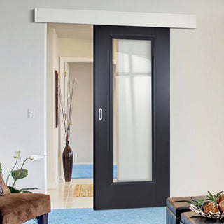 Image: Single Sliding Door & Wall Track - Eindhoven Black Primed Door - Clear Glass - Unfinished