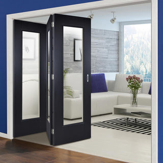 Image: Three Folding Doors & Frame Kit - Eindhoven Black Primed 3+0 - Clear Glass - Unfinished