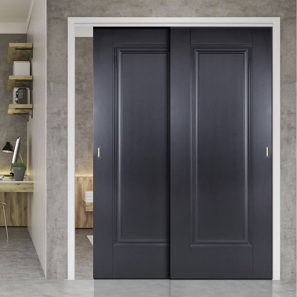 Two Sliding Doors and Frame Kit - Eindhoven 1 Panel Black Primed Door - Unfinished