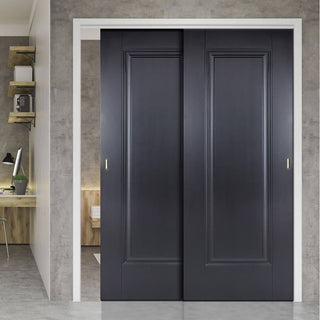 Image: Two Sliding Doors and Frame Kit - Eindhoven 1 Panel Black Primed Door - Unfinished