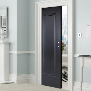 Image: Eindhoven 1 Panel Black Primed Single Evokit Pocket Door