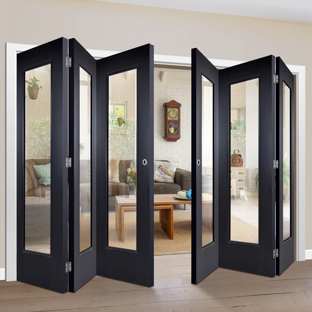 Six Folding Doors & Frame Kit - Eindhoven Black Primed 3+3 - Clear Glass - Unfinished