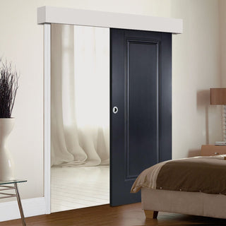 Image: Single Sliding Door & Wall Track - Eindhoven 1 Panel Black Primed Door - Unfinished