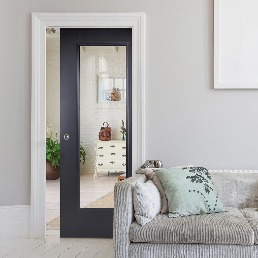 Eindhoven Black Primed Single Evokit Pocket Door - Clear Glass