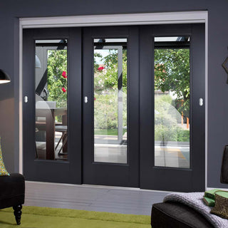 Image: Three Sliding Doors and Frame Kit - Eindhoven Black Primed Door - Clear Glass - Unfinished