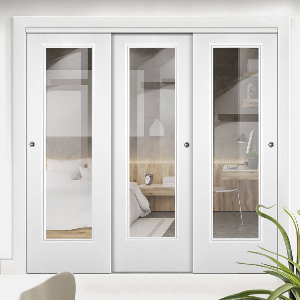 Three Sliding Doors and Frame Kit - Eindhoven  1 Pane Door - Clear Glass - White Primed