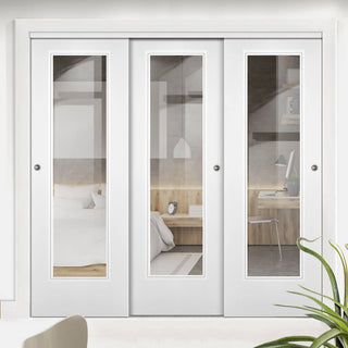 Image: Three Sliding Doors and Frame Kit - Eindhoven  1 Pane Door - Clear Glass - White Primed