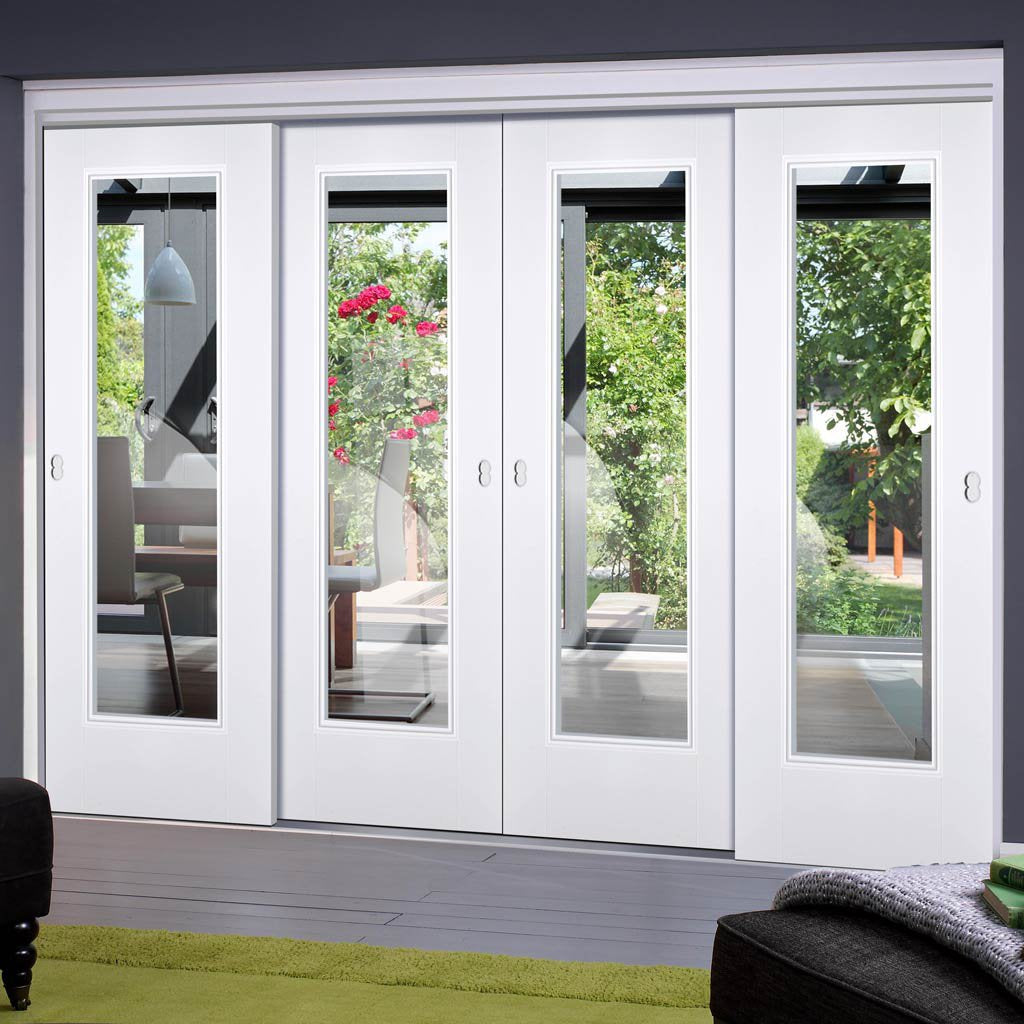 Four Sliding Doors and Frame Kit - Eindhoven  1 Pane Door - Clear Glass - White Primed