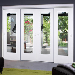 Image: Four Sliding Doors and Frame Kit - Eindhoven  1 Pane Door - Clear Glass - White Primed